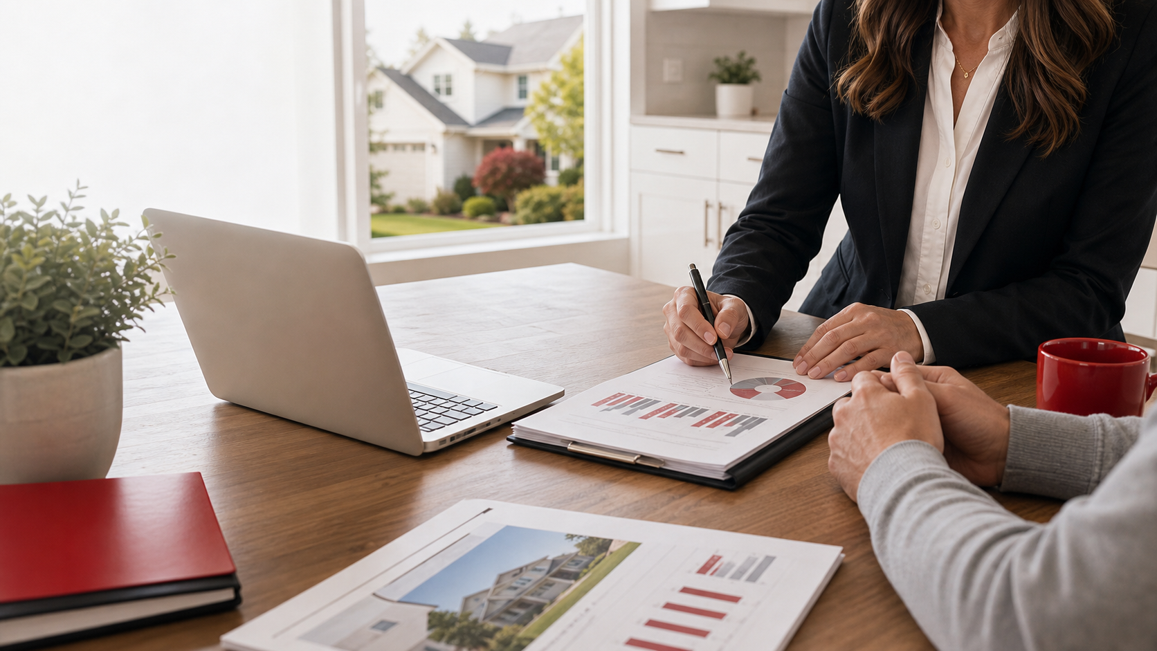 Real estate short sale consultation at a home kitchen table